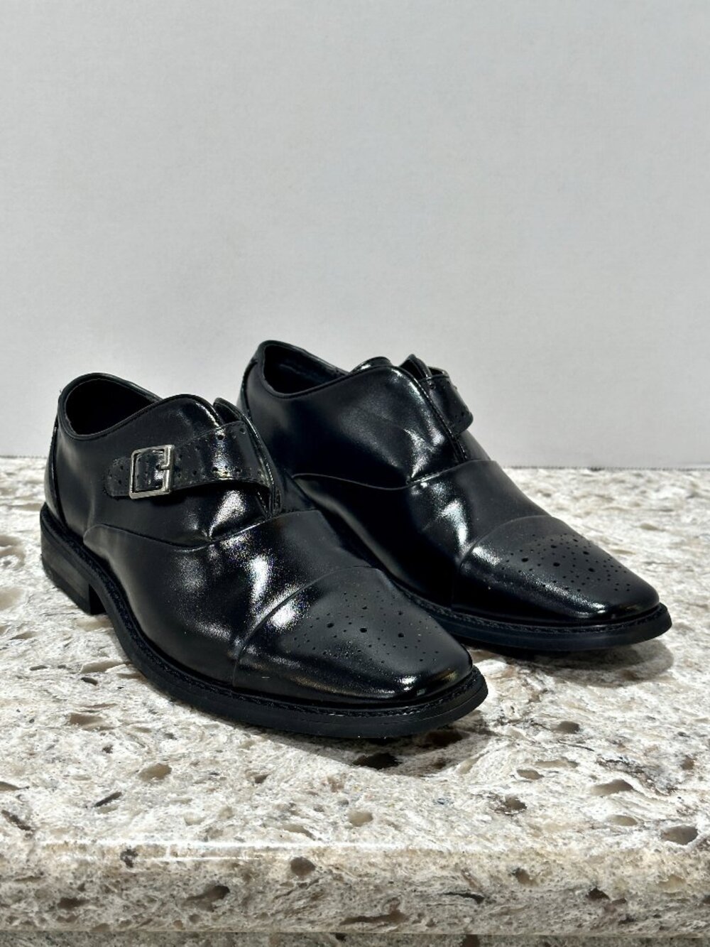 Stacy Adams Tipton Boys 2.5 Black Dress Shoes Monk Strap Hook and Loop Cap Toe